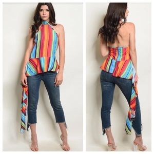 🆕🌈colorful print top/open back, unique side sash